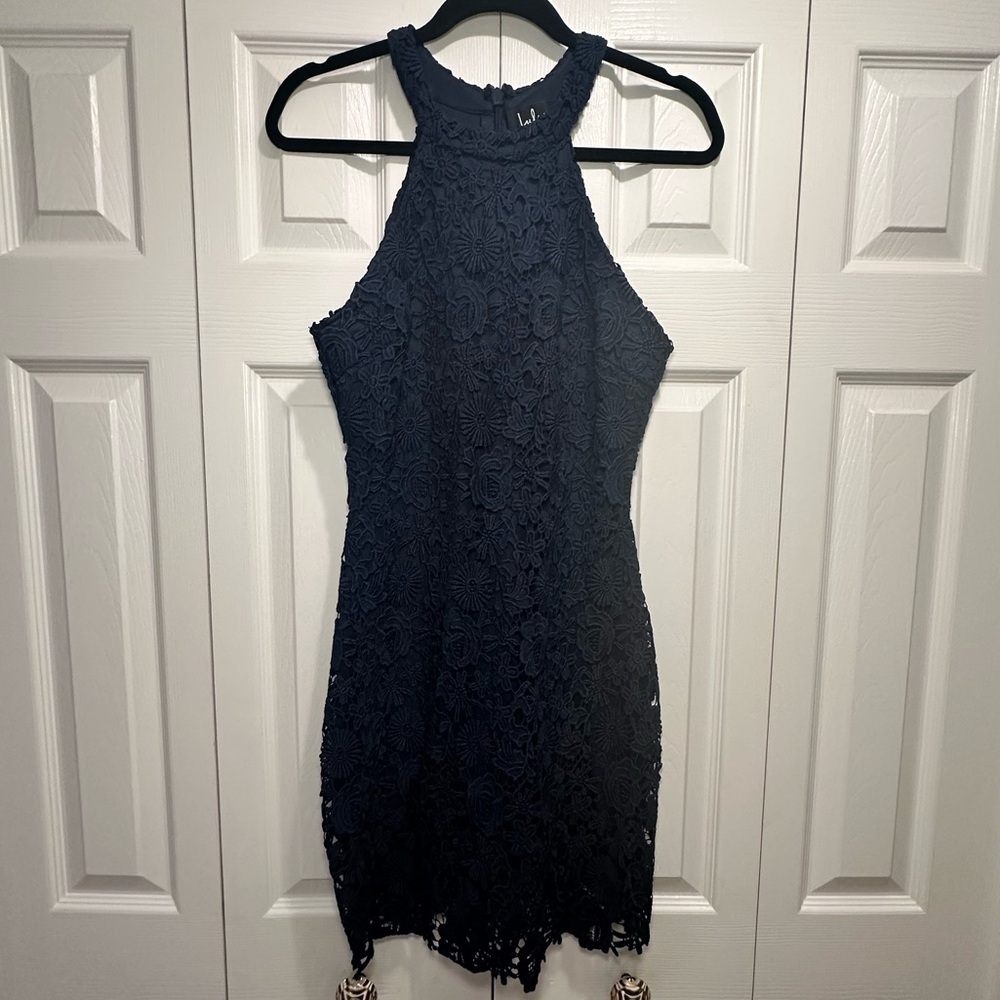 LULUS Love Poem Navy Blue Lace Mini Dress - Picture 4 of 7